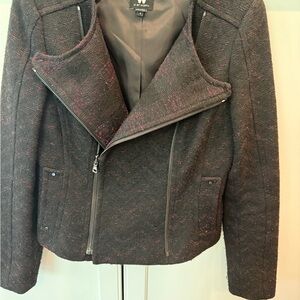 W by Worth Black Tweed Moto Jacket with Maroon and Teal Flecks